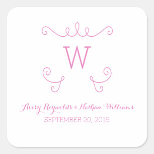 Pink Whimsical Flourish Monogram Wedding Square Sticker