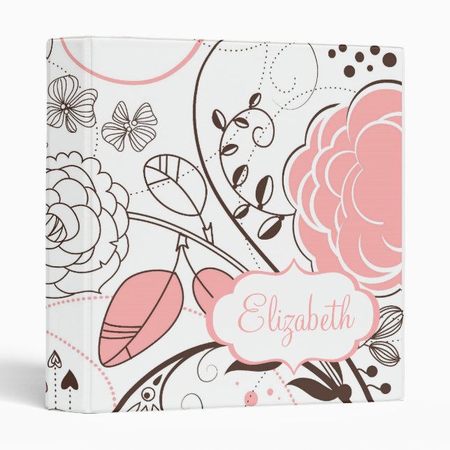 Pink  Whimsical Flowers Customizable Name Binder (Front/Spine)