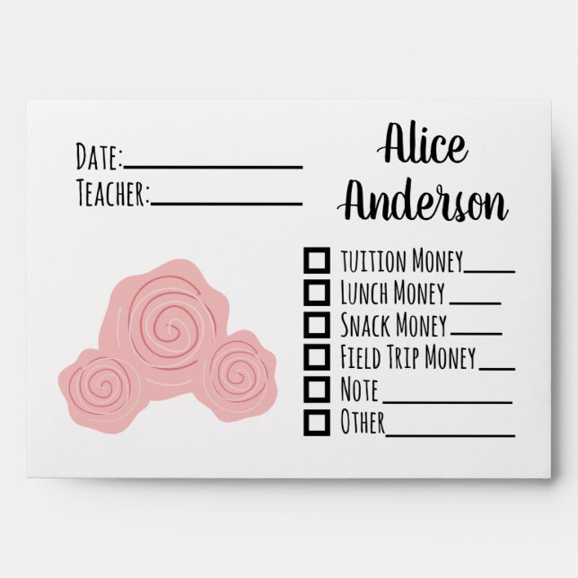 Pink Whimsical Flowers School Envelope (Front)