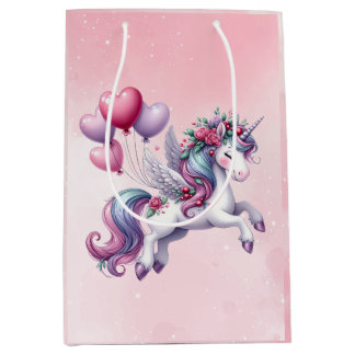 Pink whimsical flying unicorn medium gift bag