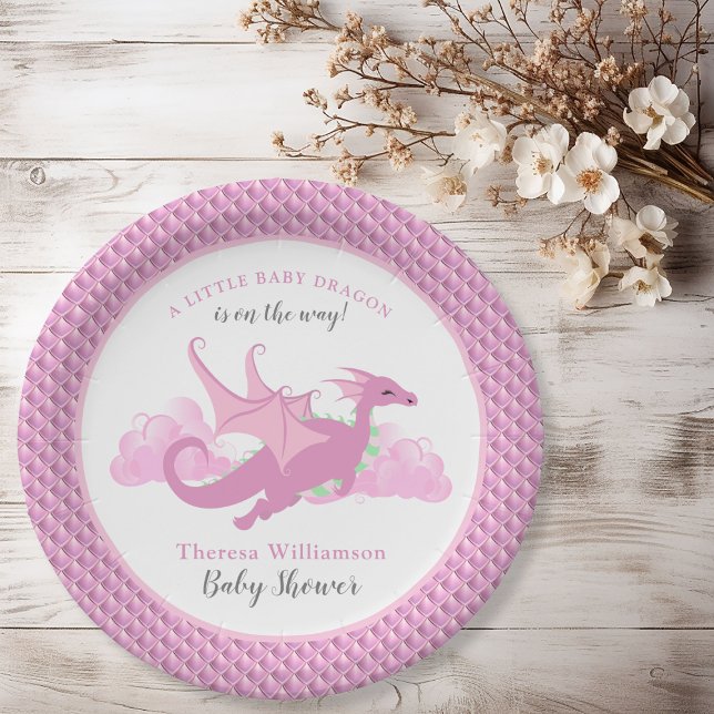 Pink Whimsical Girl Dragon Baby Shower Paper Plate (Pink Whimsical Girl Dragon Baby Shower Paper Plates)