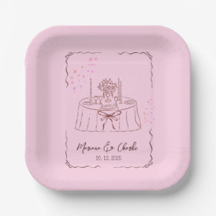 Pink Whimsical Hand Drawn Illustrated Wedding Paper Plate