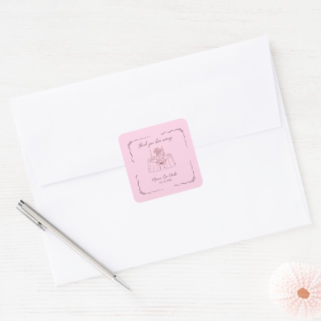 Pink Whimsical Hand Drawn Illustrated Wedding  Square Sticker (Envelope)