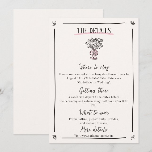 Pink Whimsical Hand Drawn Wedding  Details Card (Front/Back)