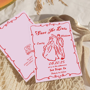 Pink Whimsical Hand Drawn Wedding Save The Date Invitation