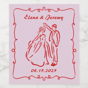 Pink Whimsical Hand Drawn Wedding Wine Label