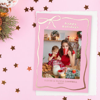 Pink Whimsical Handdrawn Bow Frame Photo Foil Holiday Card