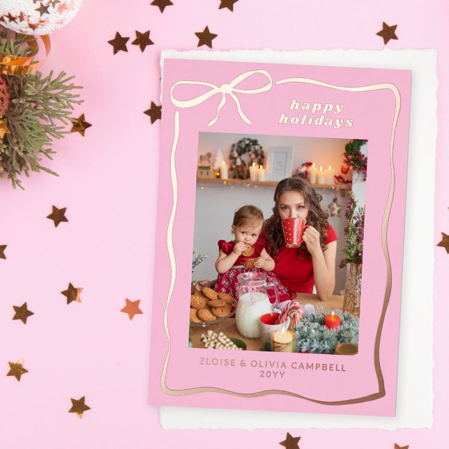 Pink Whimsical Handdrawn Bow Frame Photo Foil Holiday Card (Creator Uploaded)