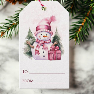 Pink Whimsical Holiday Snowman Christmas Gift Tags