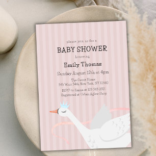 Pink Whimsical Princess Swan Stripe Baby Shower  Invitation