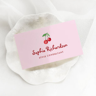 Pink Whimsical Retro Cherries QR Code Business Card