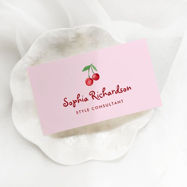 Pink Whimsical Retro Cherries | QR Code Business Card (Creator Uploaded)