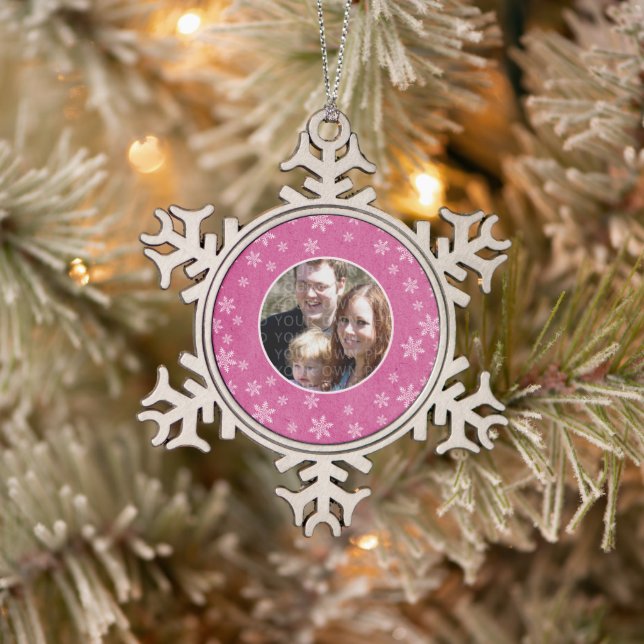 Pink Whimsical Snowflakes Photo Pewter Ornament (Tree)