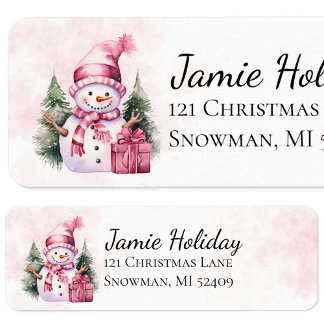Pink Whimsical Snowman Christmas Return Address