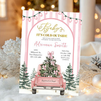Pink Whimsical Stripes Cold Outside Baby Shower Invitation