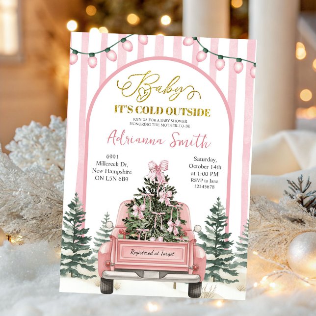 Pink Whimsical Stripes Cold Outside Baby Shower Invitation (Creator Uploaded)