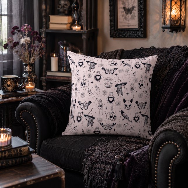 Pink Whimsigoth Witchy Pattern Throw Pillow (Creator Uploaded)