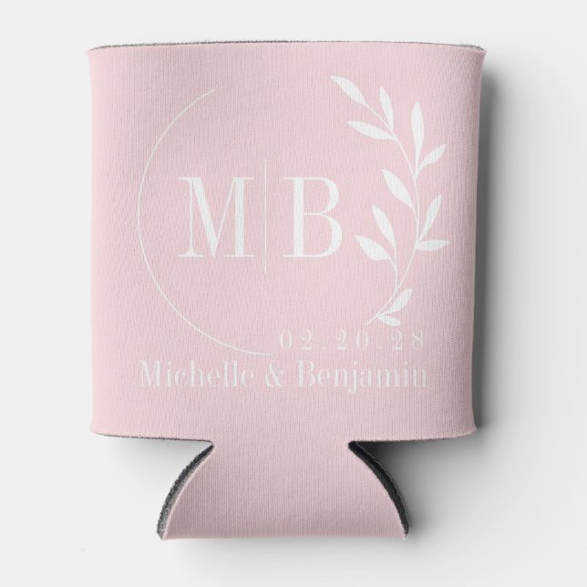 Pink Whisper Leaf Wedding Monogram Can Cooler (Front)