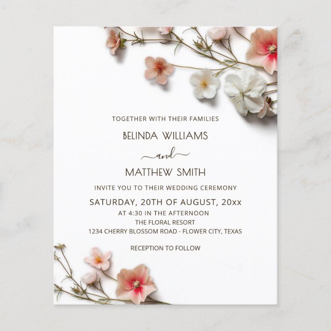 Pink White 3D Wildflowers BUDGET Wedding Flyer (Front)