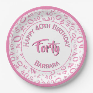 Pink/White 40th Birthday Party Number Pattern Paper Plate