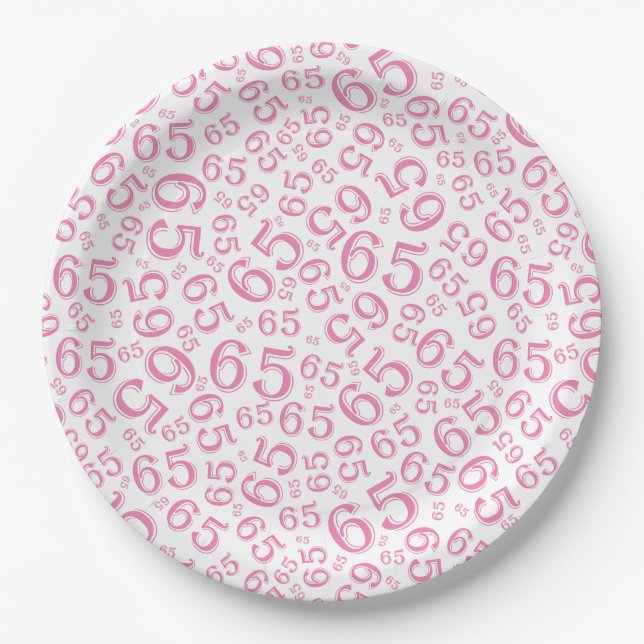  Pink/White 65th Random Number Pattern Paper Plate (Front)