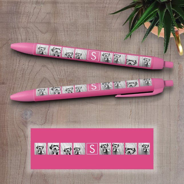 Pink White 8 Photo Collage Custom Monogram Black Ink Pen (Personalized Writing Pens)