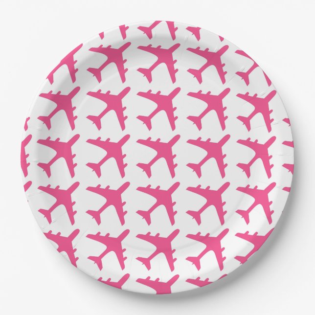 Pink white airplane pattern paper plates (Front)