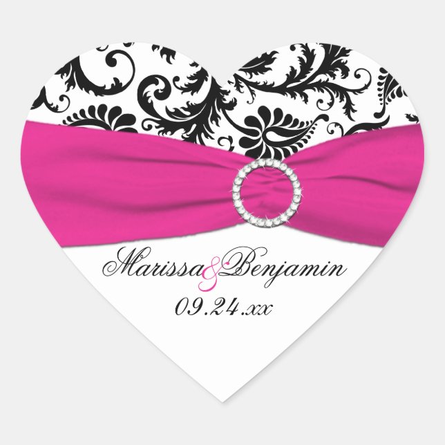 Pink, White, and Black Damask Heart Shape Sticker (Front)