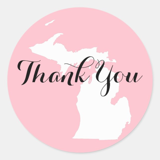 Pink White and Black Michigan Wedding Thank You Classic Round Sticker (Front)
