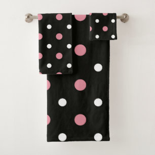 Pink white and black polka dots bath towel set