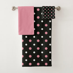Pink white and black polka dots bath towel set