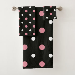 Pink white and black polka dots bath towel set