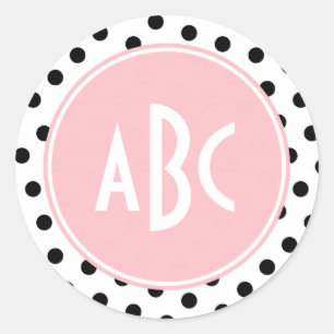 Pink White and Black Polka Dots Monogram Classic Round Sticker
