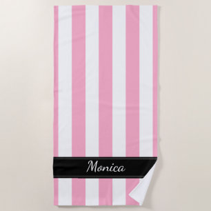 Pink White and Black Striped Beach Towel