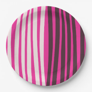 Pink white and black vertical stripes paper plate