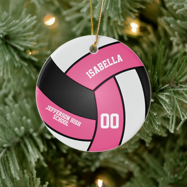 Pink, White and Black Volleyball Ceramic Ornament (Tree)