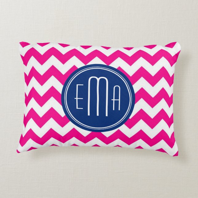 Pink White And Blue Monogram Chevron Pattern Accent Pillow (Back)