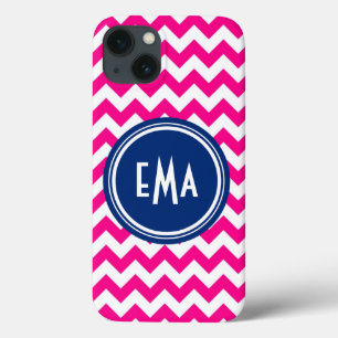 Pink White And Blue Monogram Chevron Pattern iPhone 13 Case