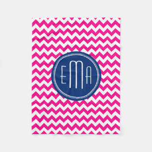 Pink White And Blue Monogram Chevron Pattern Fleece Blanket
