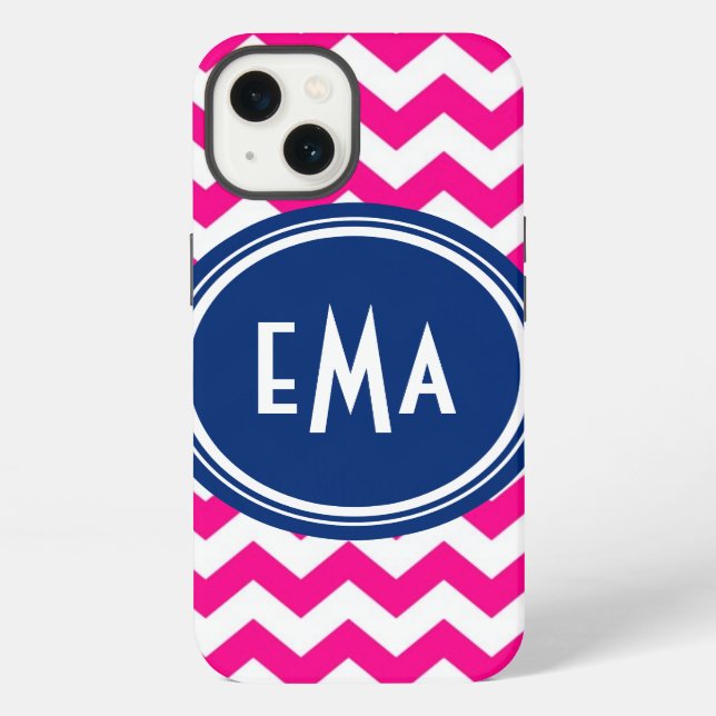 Pink White And Blue Monogram Chevron Pattern iPhone Case (Back)