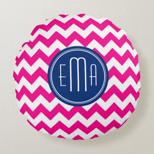 Pink White And Blue Monogram Chevron Pattern Round Pillow (Front)