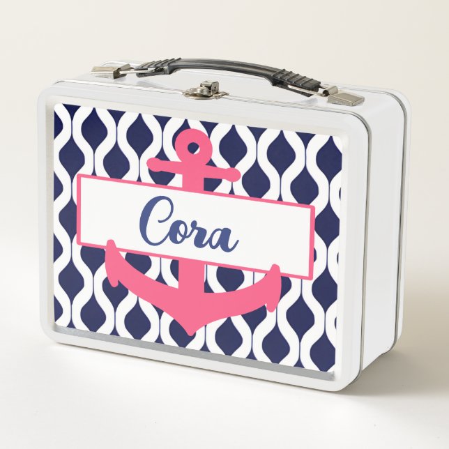 Pink, White, and Blue Nautical Anchor with Name Metal Lunch Box (Front)