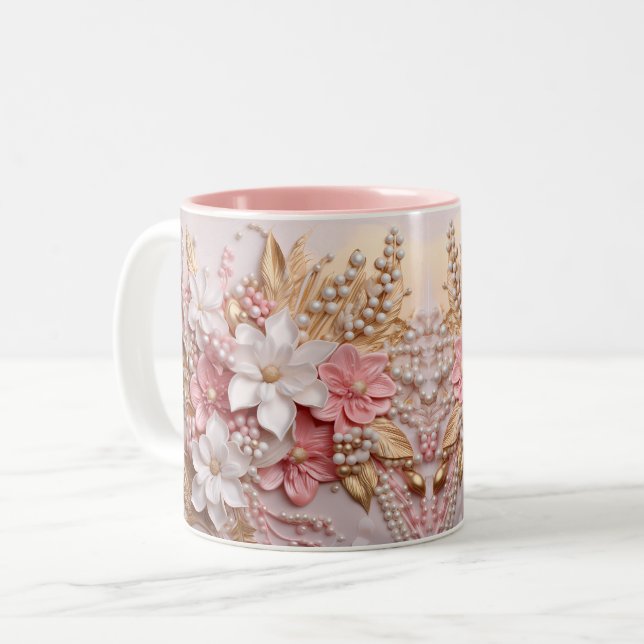 Pink, White, and Gold 3-D Flowers and Berries Mug (Front Left)