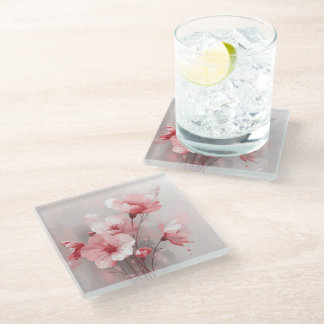Pink, White, and Gray Foral Glass Coaster