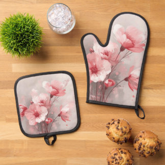 Pink, White, and Gray Foral Oven Mitt & Pot Holder Set