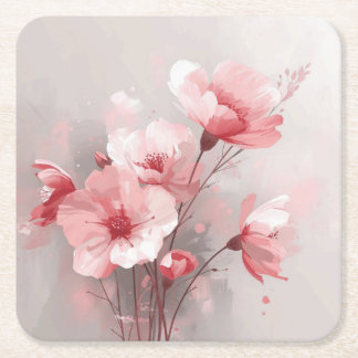 Pink, White, and Gray Foral Square Paper Coaster
