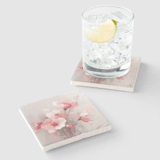 Pink, White, and Gray Foral Stone Coaster