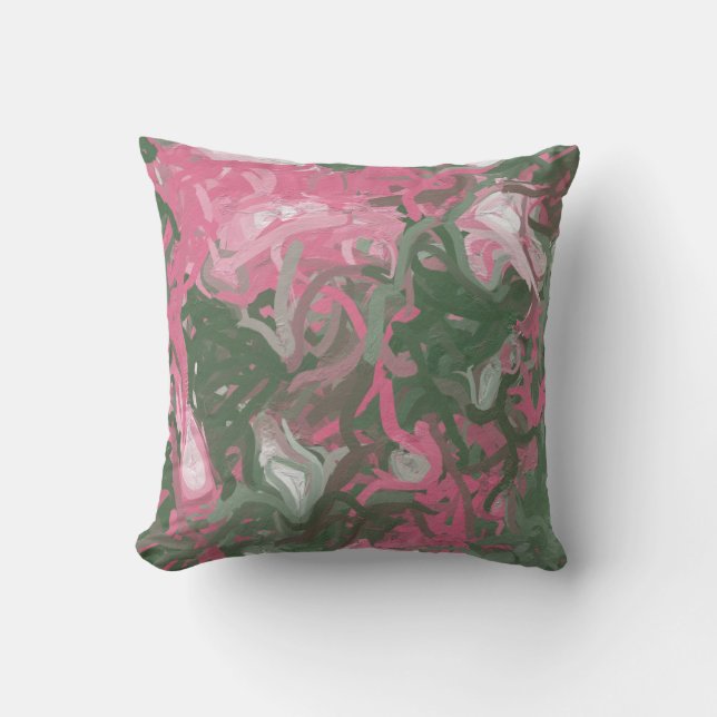Pink, White and Green Abstrac Throw Pillow (Front)