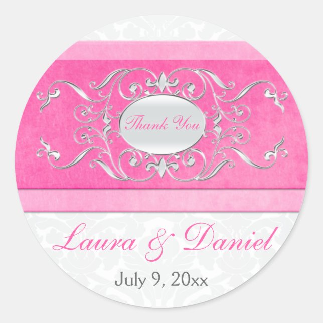 Pink, White, and Grey 1.5" Round Wedding Sticker (Front)