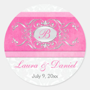 Pink, White, and Grey 1.5" Round Wedding Sticker